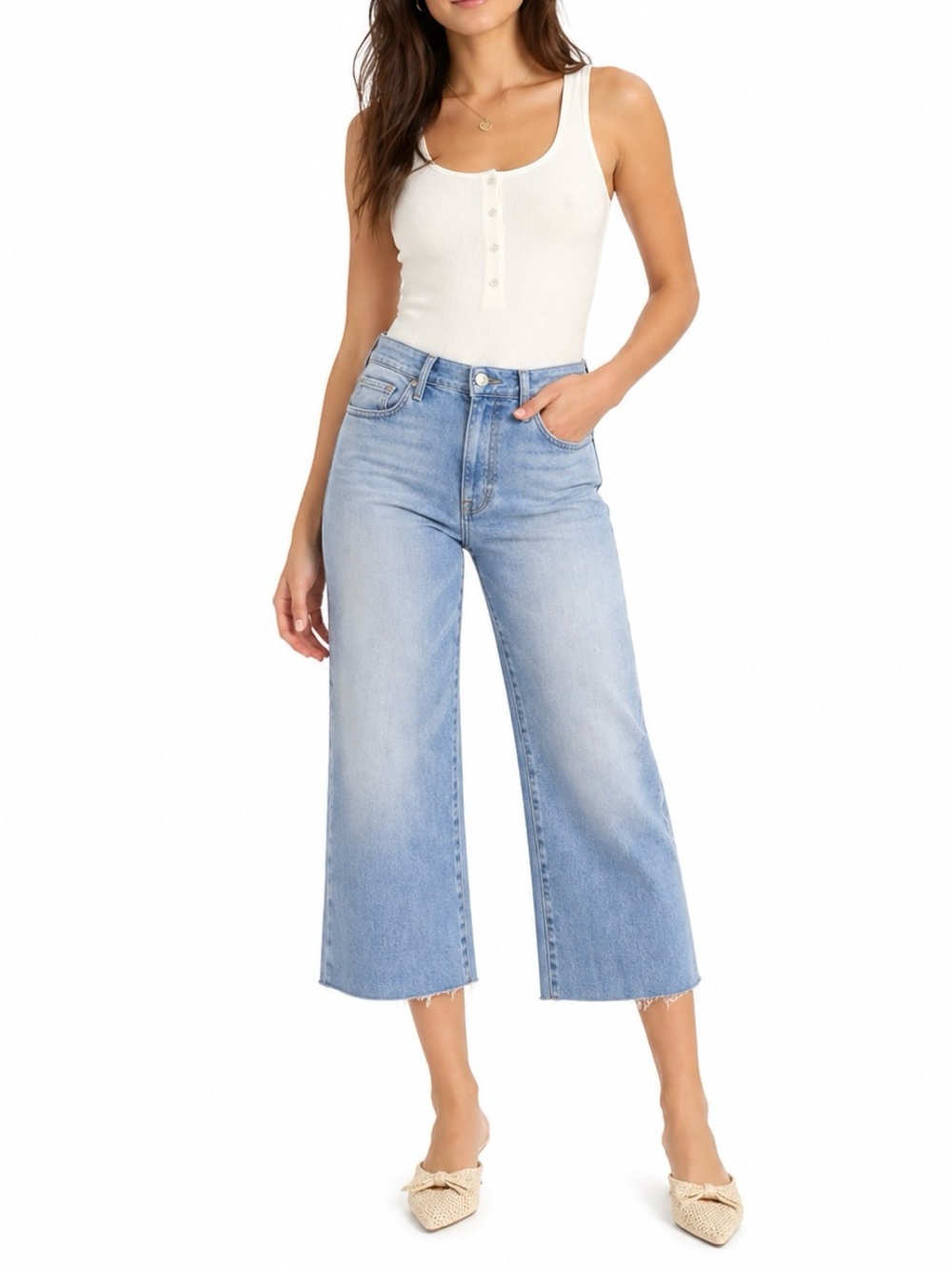 NILI LOTAN Juna High Rise Wide Leg Flare Jeans Beach Wash Crop Raw Hem size 26